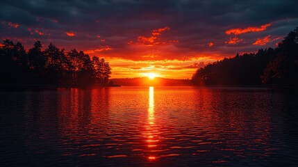 Fiery sunset over tranquil lake