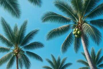 Tropical coconut palm trees with green leaves under clear blue sky, light travel concept background in summer vacation theme.