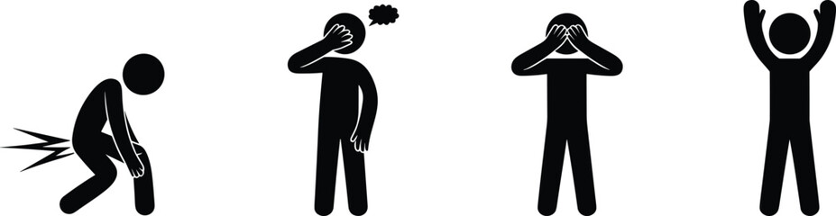 Four stick figure icons, pain, worry, distress, celebration, emotional states, minimal black silhouette illustration