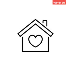 Fototapeta premium Black single house with heart line icon, simple home care graphic flat design pictogram vector for app ads web banner button ui interface elements isolated on white background