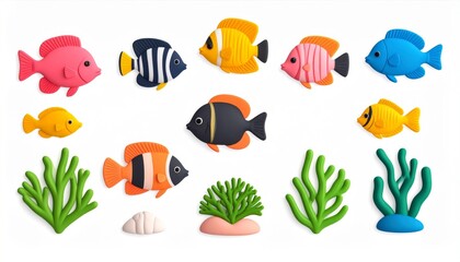 Naklejka premium Collection of Colorful Pixelated Fish and Seaweed Against a White Background