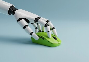 Robot hand using a green computer mouse on a blue background