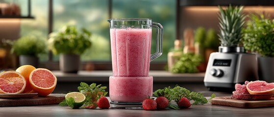 Pink smoothie in a blender, surrounded by fruits