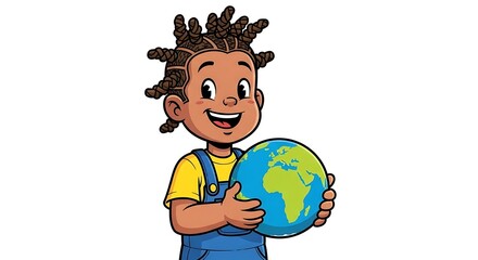 Cartoon boy with braided hair holding a globe wearing overalls and a yellow shirt smiling brightly