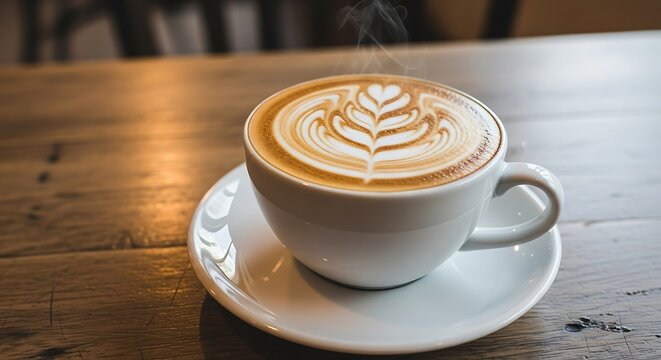 A steaming hot latte with intricate latte art served in a white mug on a wooden table