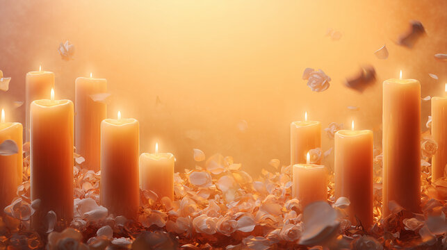 All Saints' Day, Golden hour gradient, 3D candles lit in remembrance, white rose petals scattered