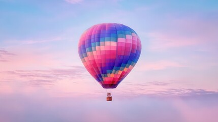 Fototapeta premium Multicolored hot air balloon floats peacefully in the pastel sky.