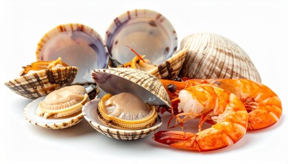 Naklejka premium Fresh Seafood Composition of Shrimp and Clams on White Background in a Studio Shot