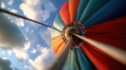 Colorful hot air balloon against a partly cloudy sky.