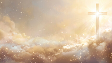 All Saints' Day, Soft ivory to light gold gradient, 3D glowing cross with rays of light, heavenly sky background