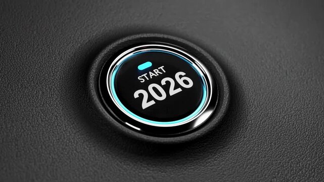 Finger about to press a car ignition button with the text 2026 start.happy new year 2026 start new project.concept of start with strategy,win,plan,goal,objective target,start life,new year concept
