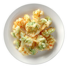 Delicious fusilli pasta with broccoli and creamy sauce served on a white plate isolated on transparent background