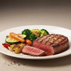 Gourmet Grilled Steak with Roasted Vegetables on a White Plate.