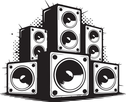 Grunge Speaker Stack Vector &ndash; Halftone Music System with Ink Splatter and Distressed Texture