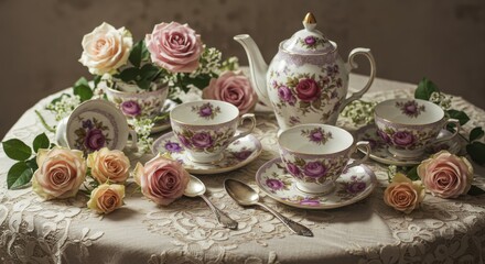 Antique tea set with roses