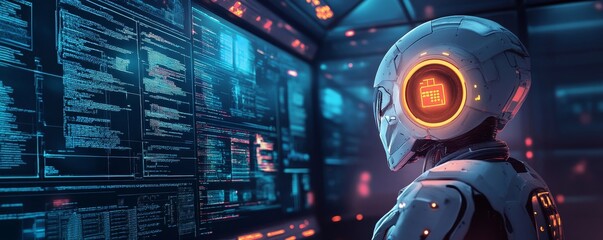AI cyber security threat analyst illustration, featuring an IT specialist coder engaged in artificial intelligence technology, emphasizing data protection and security, Generative AI