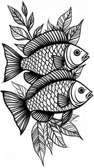 Fototapeta premium Monochrome Drawing of Two Detailed Fish with Leaves in a Decorative Pattern