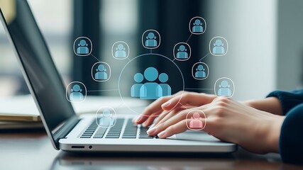 Connecting and networking concept illustrating remote collaboration and online teamwork with laptop