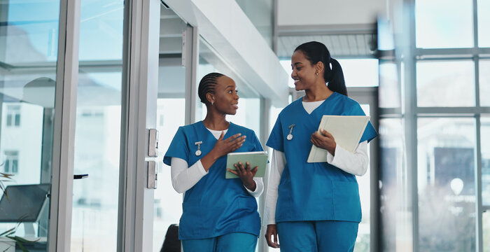 People, nurse and talk for meeting in hospital for planning, medical report and surgery schedule. Staff, team and tablet for healthcare, operation feedback and charts checklist with treatment results