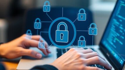 Cybersecurity concepts illustrated with laptop and digital padlocks representing data protection