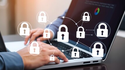 Cybersecurity concepts depicted with padlock icons on laptop screen and hands typing