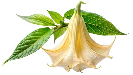 Fototapeta premium Closeup of a delicate Angel's Trumpet flower with vibrant green leaves