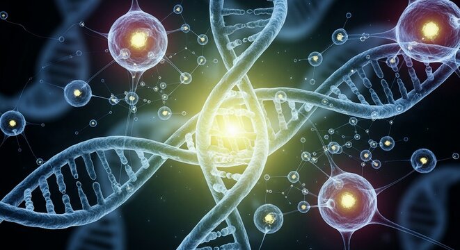 Abstract depiction of glowing DNA strands and interconnected cellular or neural networks, symbolizing advanced genetic research and biotechnology.