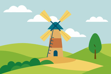 Obraz premium windmill turning slowly in open countryside
