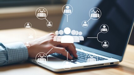 Person using laptop with network connections illustrating communication and collaboration