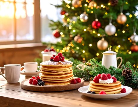 A Christmas morning breakfast scene featuring two stacks of pancakes adorned with berries and whipped cream, accompanied by coffee cups and a festive backdrop