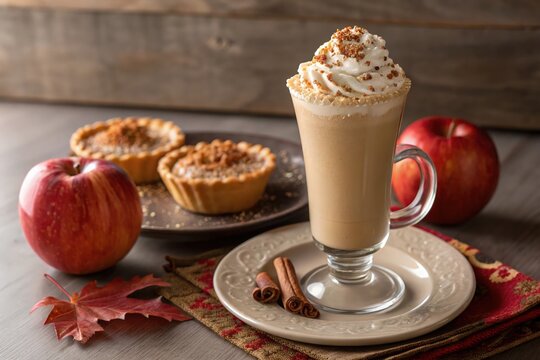 Cozy autumn beverage and mini pies with fresh apples and cinnamon sticks