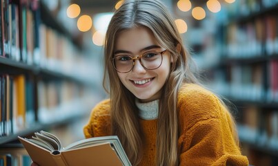 Inclusive image of a happy disabled school student in a wheelchair, reading a book in the school library. Promoting inclusion and diversity in education for children with disabilities, Generative AI