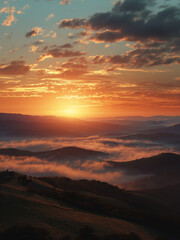 Fototapeta premium Sunset golden light over misty mountain landscape painting sky orange gold cloud.