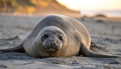 A large, grey seal rests on a sandy beach at sunset, looking directly at the camera