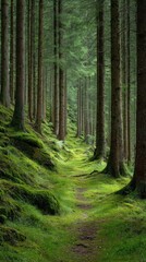 Fototapeta premium Moss-covered forest path. Tall trees line a shaded trail