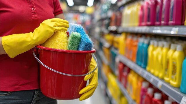 Person holding red bucket filled with colorful cleaning sponges in store aisle, great for product ads or home improvement tutorials.