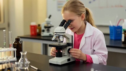 Young girl exploring science microscope lab experiment research education learning child student explore discover biology chemistry study analysis observation laboratory - Powered by Adobe