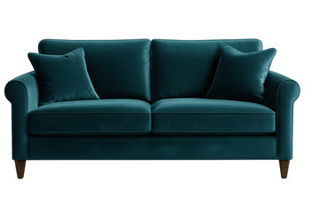 Teal sofa with cushions isolated on transparent background, perfect for interior design projects