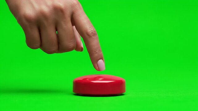 A person's finger presses a large red button. Isolated on a green screen, this action is ideal for concepts of making a decision, starting a process, or hitting an alert. Perfect for chroma key compos