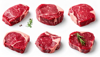 Fototapeta premium Assortment of Fresh Raw Beef Steaks with Rosemary and Pepper on White Tabletop Backdrop