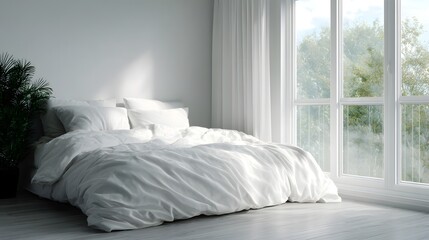 Modern minimalist bedroom with peaceful white bedding and natural light