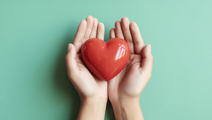 Obraz premium A pair of hands gently offering a red heart shape against a soft green background, perfect for concepts of donation, kindness, and heart health