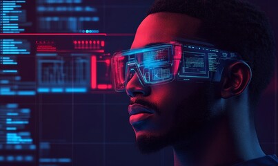Artificial intelligence cyber security threat illustration concept. Green color scheme AI banner featuring a Black African American male IT specialist analyzing data and privacy leaks, Generative AI