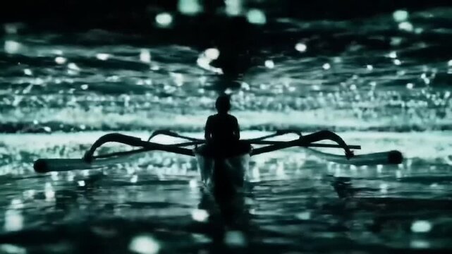 Silhouetted figure in a proa, water blurred
