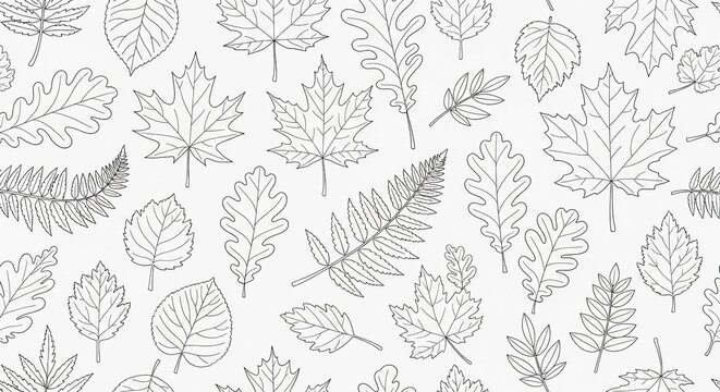 A detailed line art illustration features various autumn leaves scattered across a light gray background, perfect for fall-themed designs.