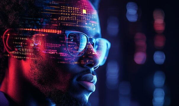 Artificial intelligence cyber security threat illustration concept. AI banner depicting a Black African American male IT specialist analyzing data and privacy risks, focusing on data, Generative AI