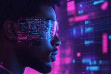 Artificial intelligence cyber security threat illustration concept. AI marketing banner showing a Black African American male IT specialist analyzing data and privacy leaks in augmented, Generative AI