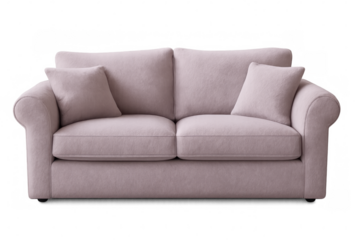 Pink sofa with pillows isolated on transparent background, perfect for interior design projects and furniture catalogs