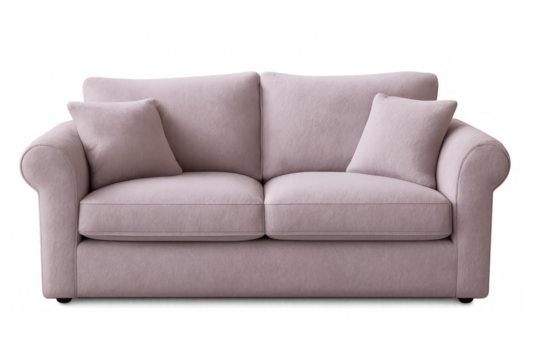 Pink sofa with pillows isolated on transparent background, perfect for interior design projects and furniture catalogs