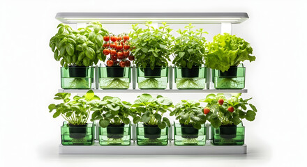 Fototapeta premium Indoor vertical hydroponic garden with lush green leafy vegetables and herbs growing under LED grow lights in a modern kitchen setting for sustainable urban farming enthusiasts